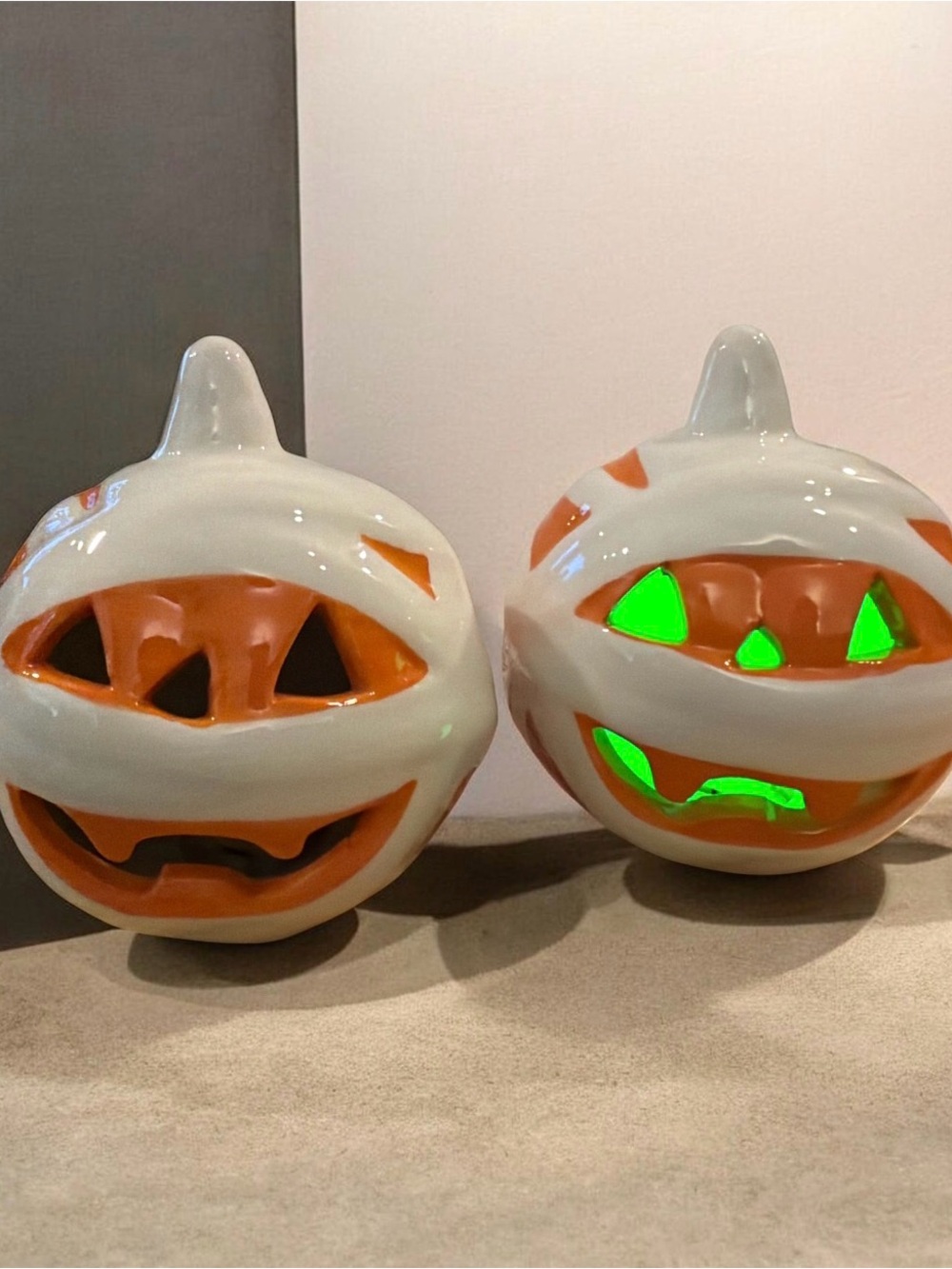 White and Orange Ceramic. Mummy  Pumpkin Lantern Pair with Green LED light